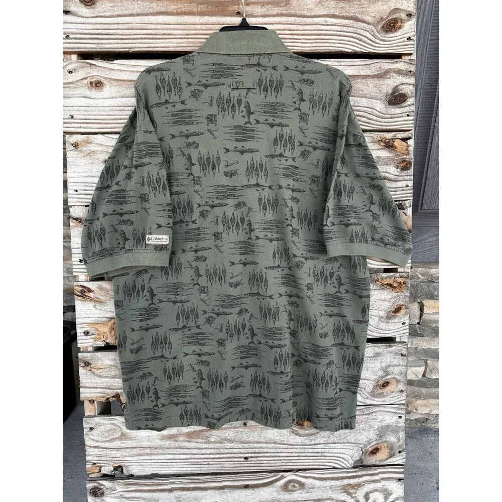 Columbia Polo Shirt Mens Large Fish Print All Over Green Golf‎ Hiking Outdoors